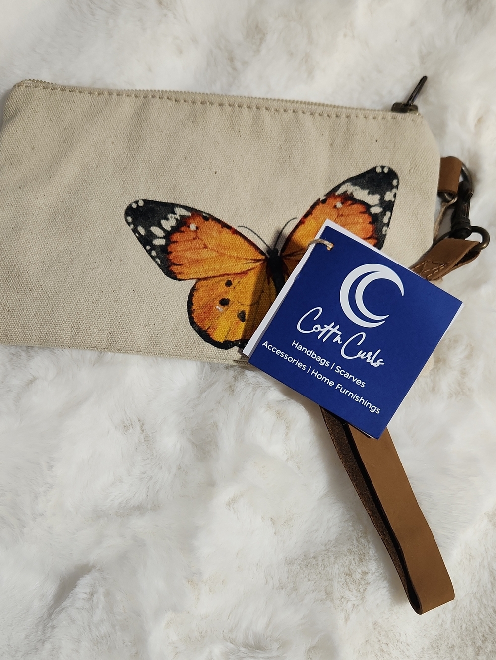 Beige Canvas Butterfly Wristlet with Orange Accent